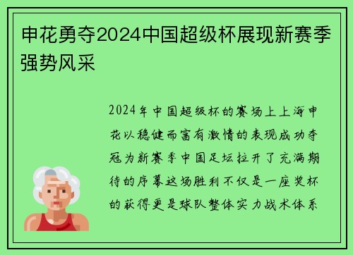 申花勇夺2024中国超级杯展现新赛季强势风采 申花勇夺2024中国超级杯展现新赛季强势风采