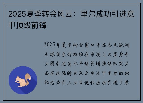 2025夏季转会风云：里尔成功引进意甲顶级前锋