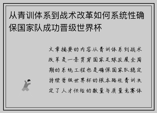 从青训体系到战术改革如何系统性确保国家队成功晋级世界杯